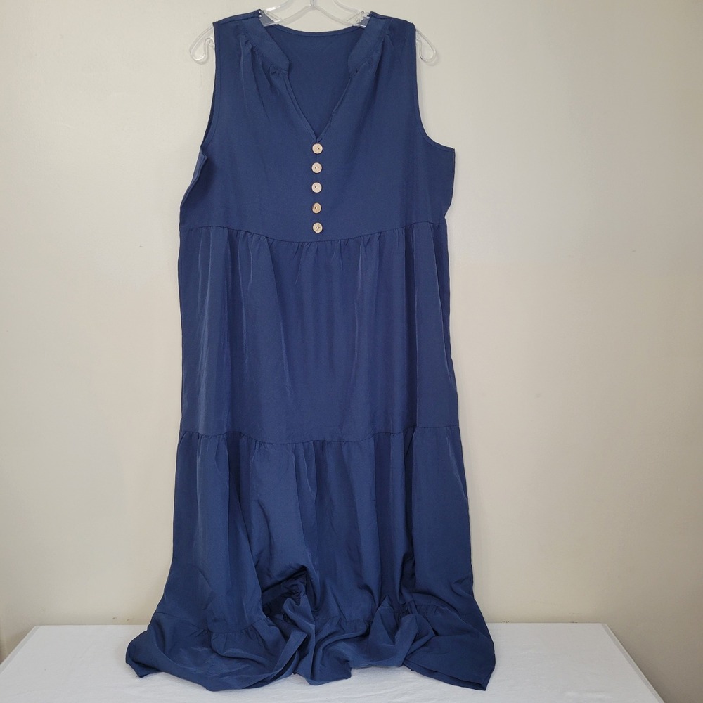 Navy Blue Tiered Sleeveless Maxi Dress XL Faux Wood Button V-Neck Boho‎ Flowy